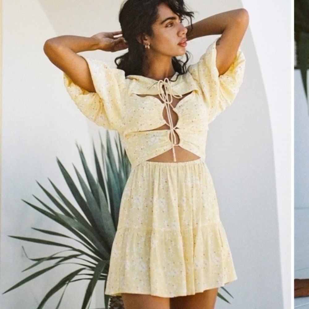 Sabo Skirt Luci Floral Mini Dress Yellow XS Lace Up Cutout Puff Sleeve